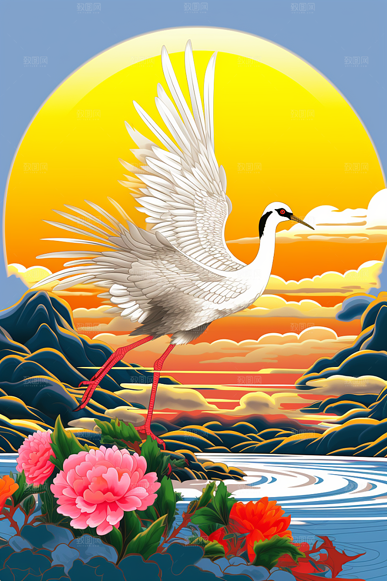 浮世绘丹顶鹤工笔画山水插画