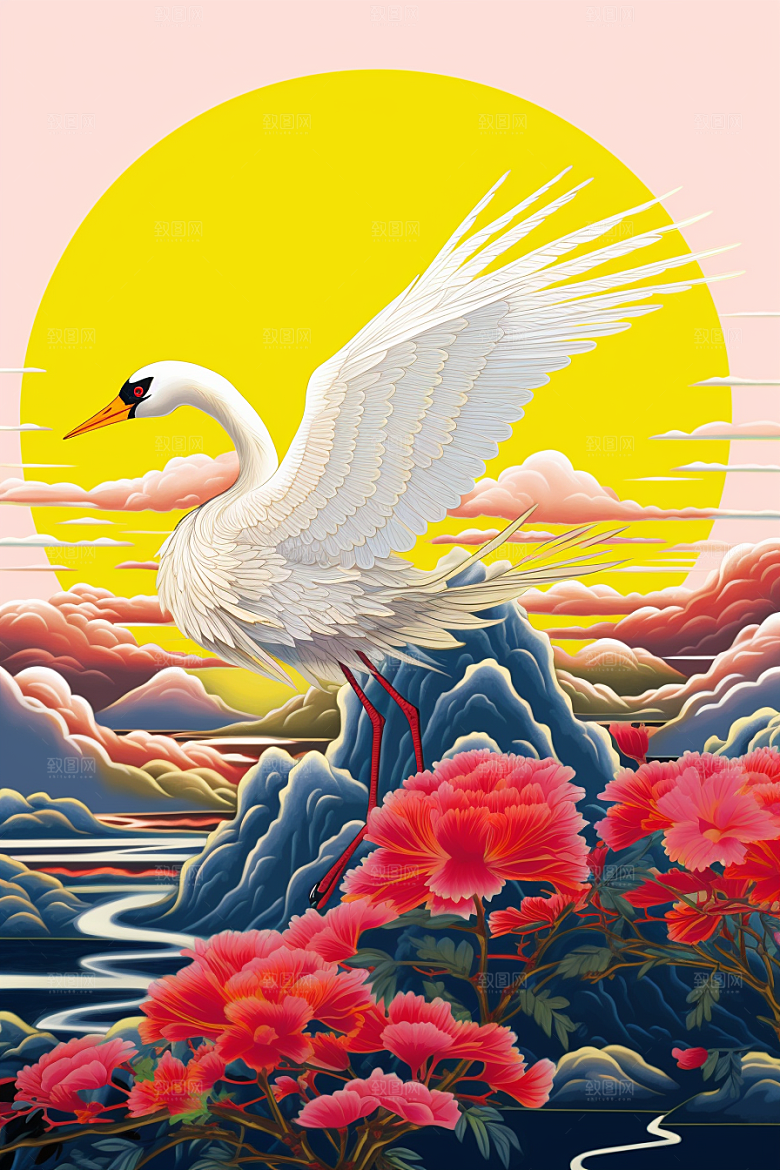 浮世绘丹顶鹤中国风吉祥图案插画