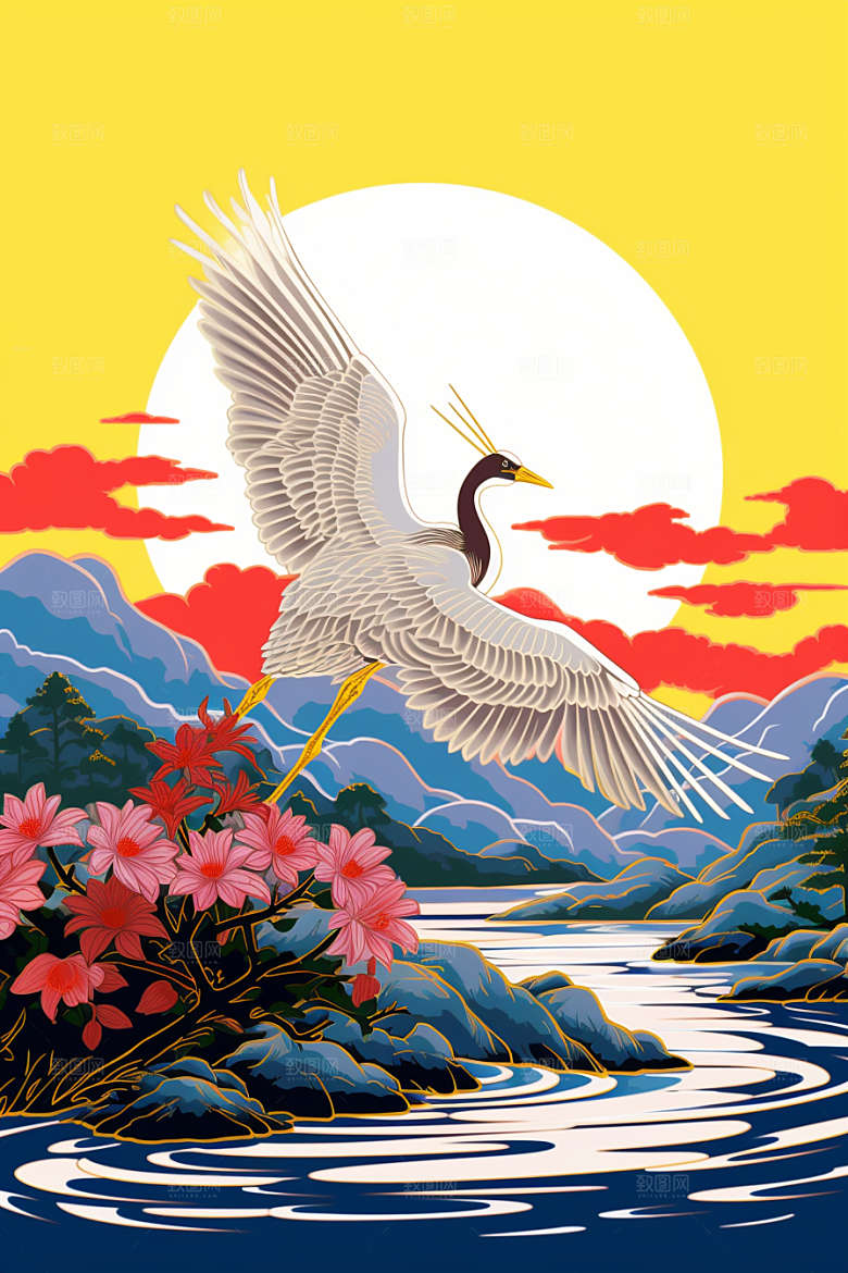 浮世绘丹顶鹤中国风山水插画