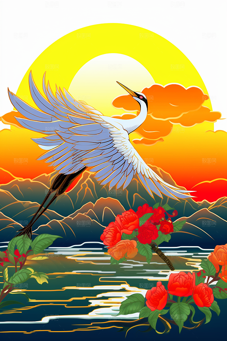 浮世绘丹顶鹤高清中国风插画