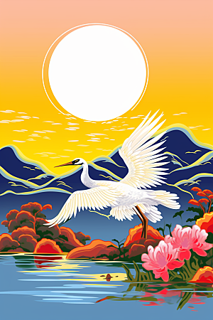 浮世绘丹顶鹤传统纹样高清插画