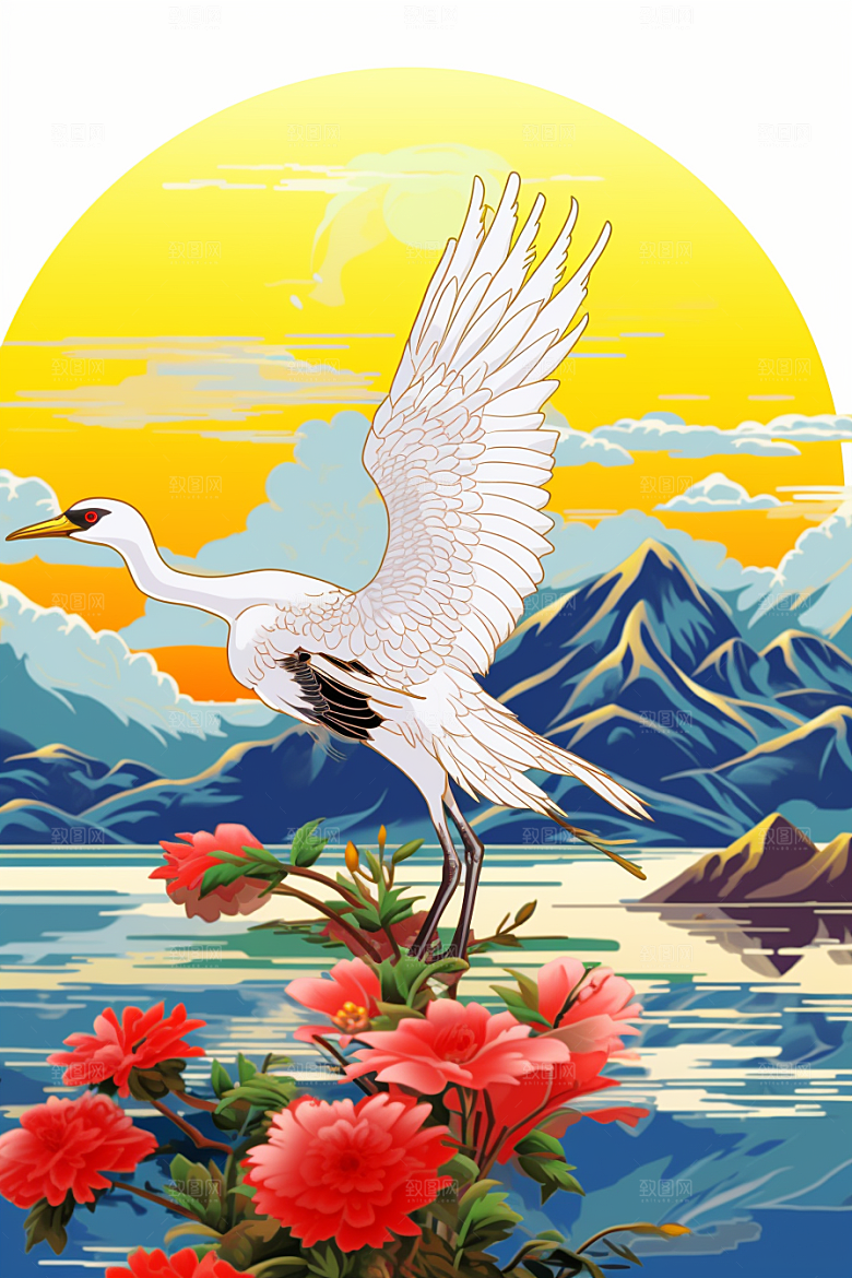 浮世绘丹顶鹤国画新中式插画