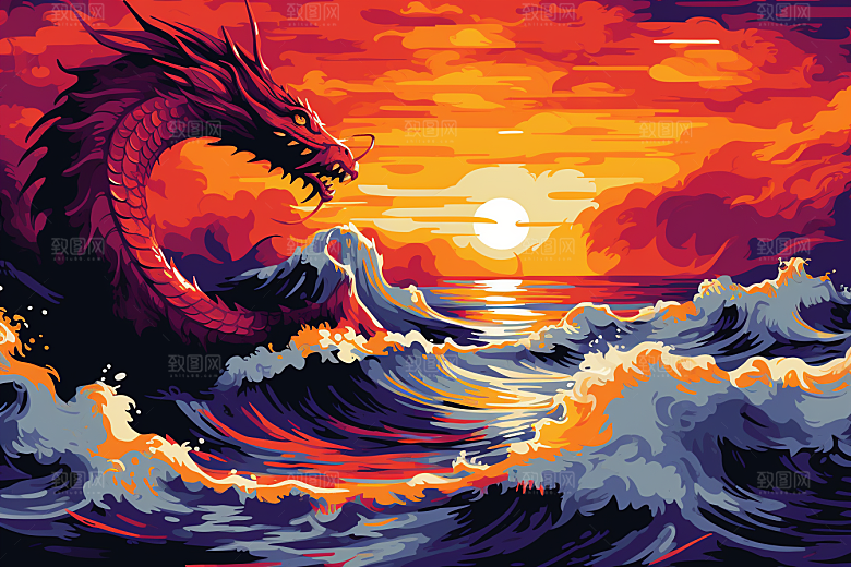 浪花浮世绘杂志风版画插画