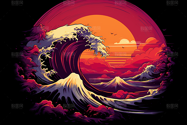 浪花浮世绘版画风俗画插画