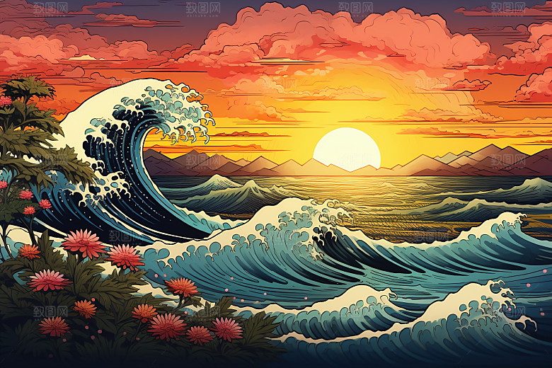 浪花浮世绘日本艺术风格杂志风插画