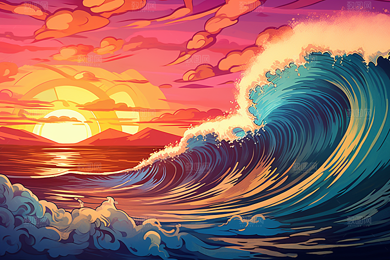 浪花浮世绘海报风版画插画