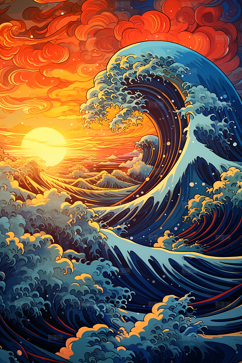 浪花浮世绘风俗画杂志风插画
