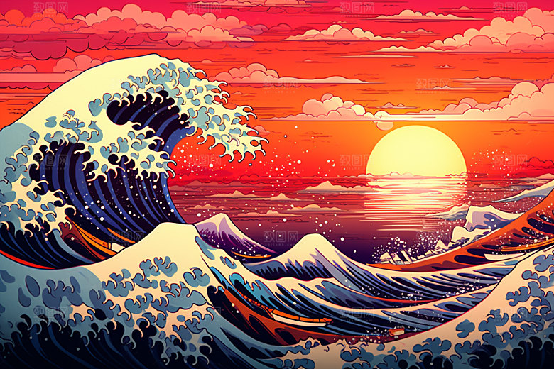 浪花浮世绘日本艺术风格海报风插画