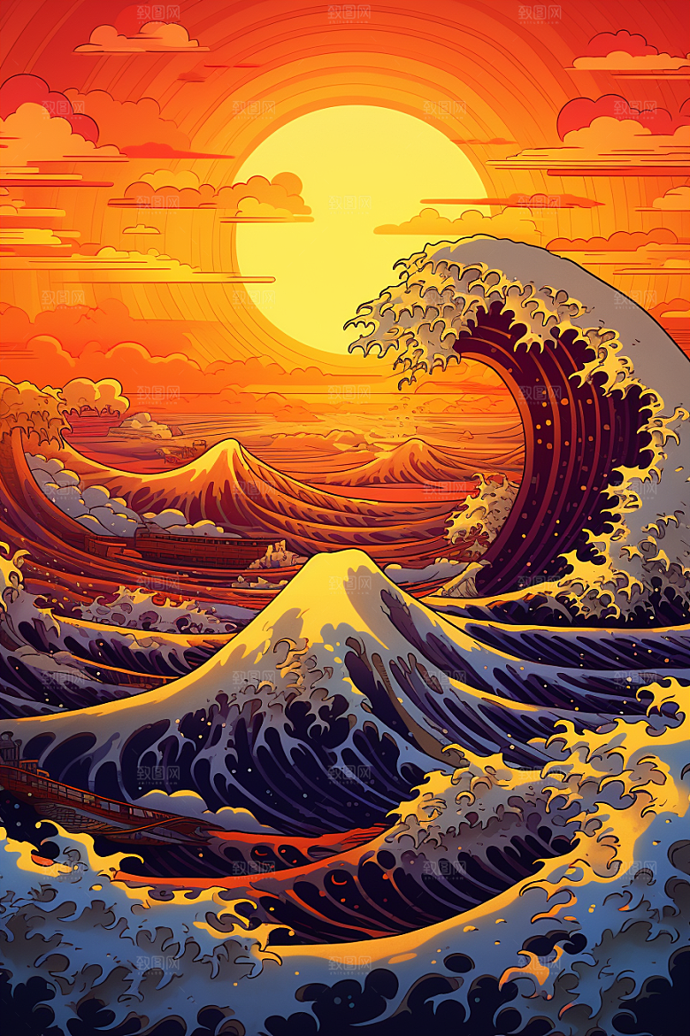浪花浮世绘海报风杂志风插画