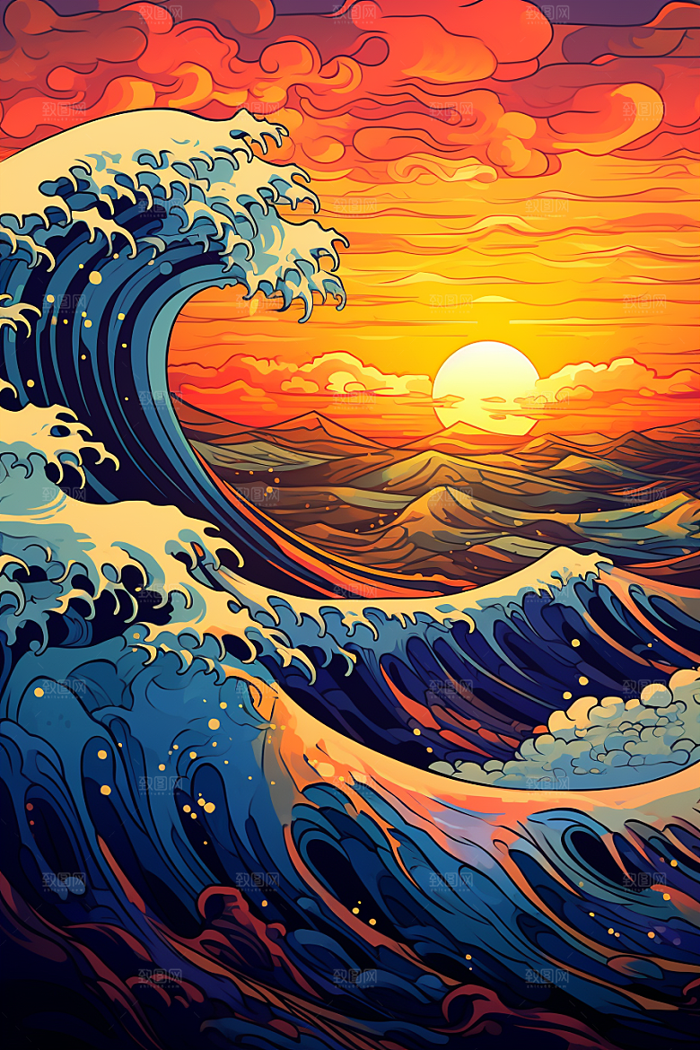 浪花浮世绘杂志风日本艺术风格插画