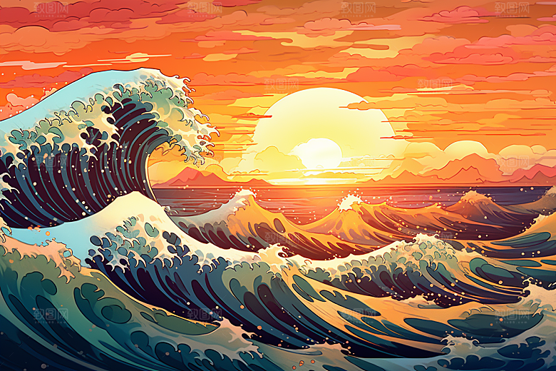 浪花浮世绘版画彩色插画