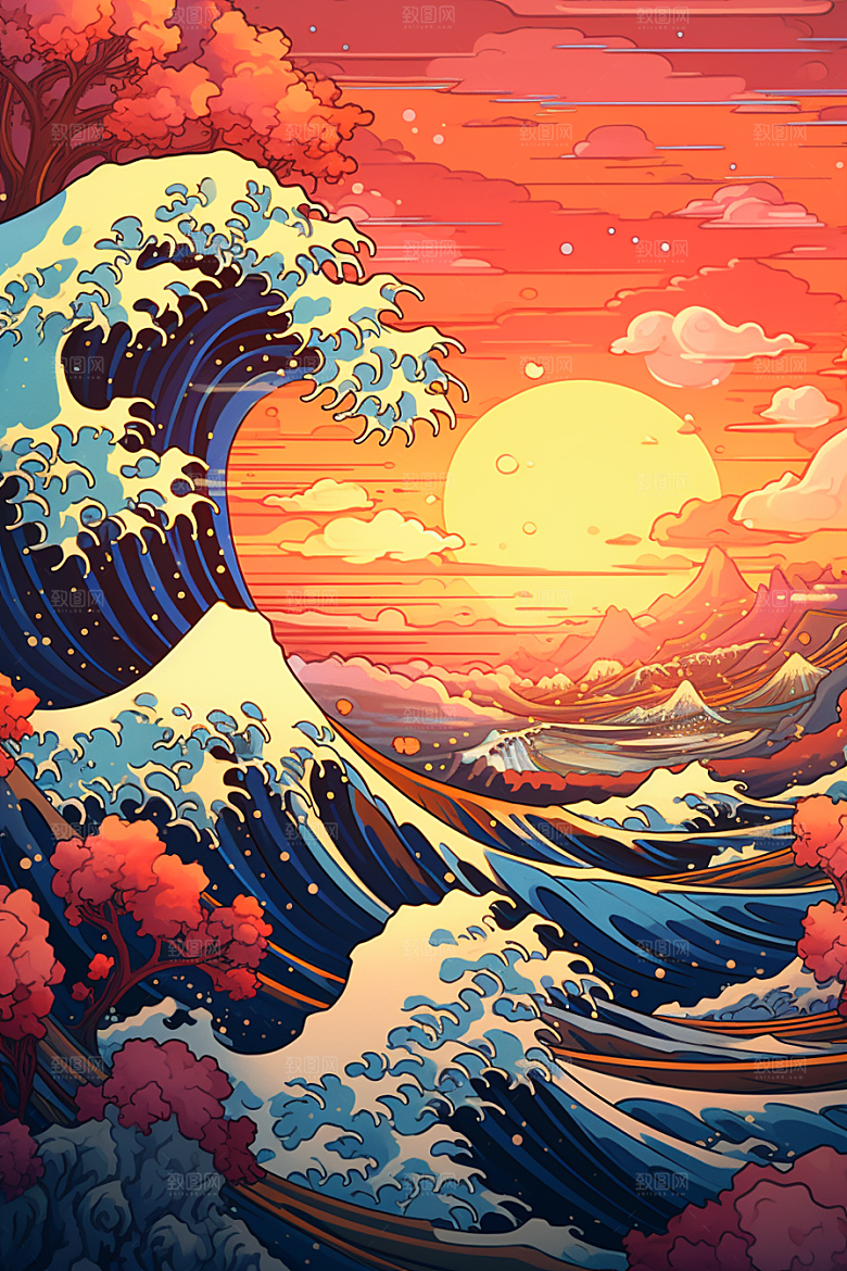 浪花浮世绘版画杂志风插画