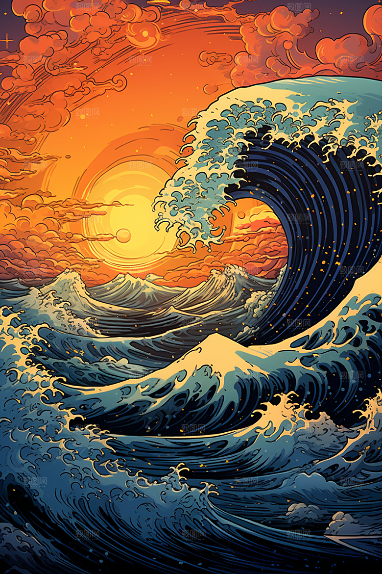 浪花浮世绘海报风高清插画