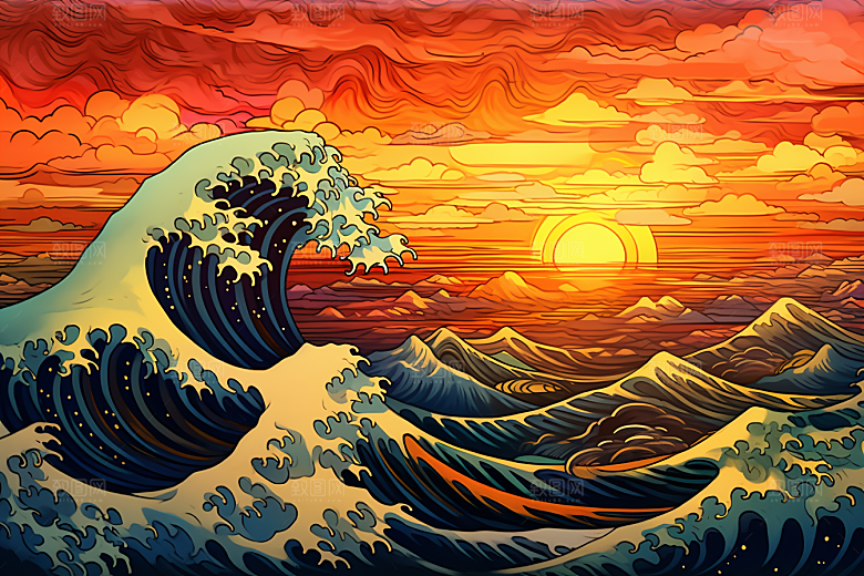 浪花浮世绘版画日本艺术风格插画