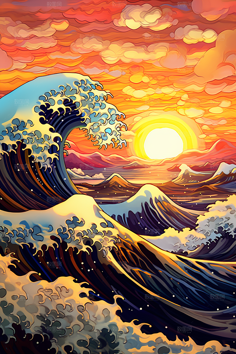 浪花浮世绘日本艺术风格杂志风插画