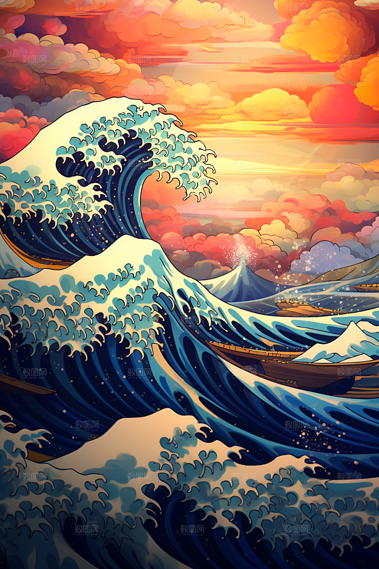 浪花浮世绘彩色日本艺术风格插画