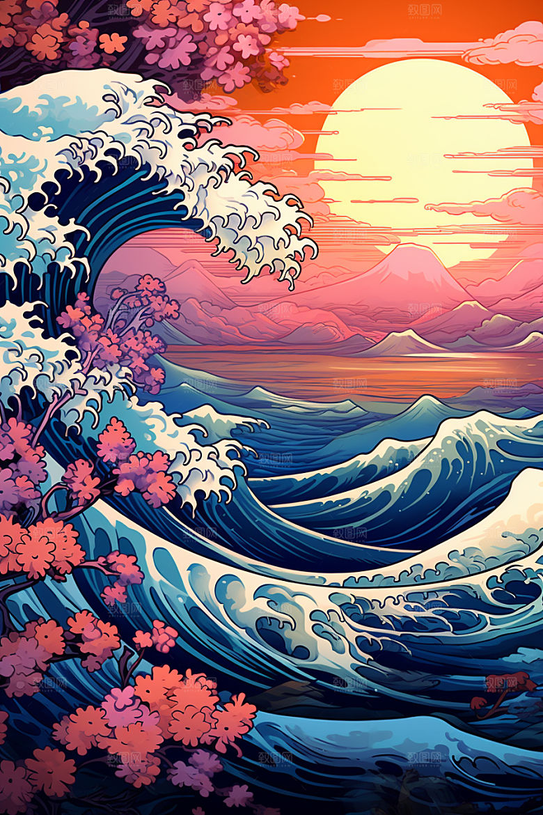 浪花浮世绘版画日本艺术风格插画