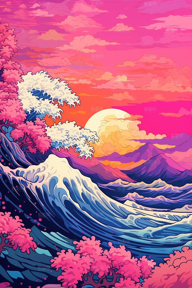 浪花浮世绘彩色高清插画