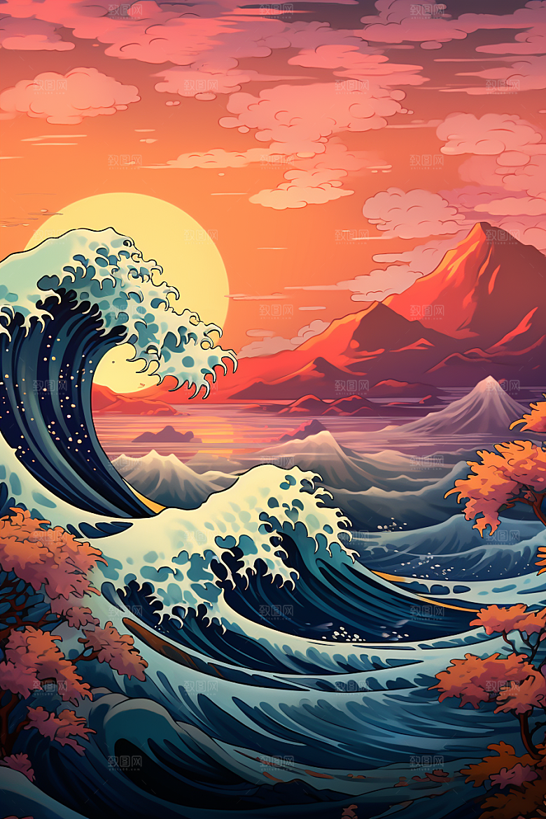 浪花浮世绘版画高清插画