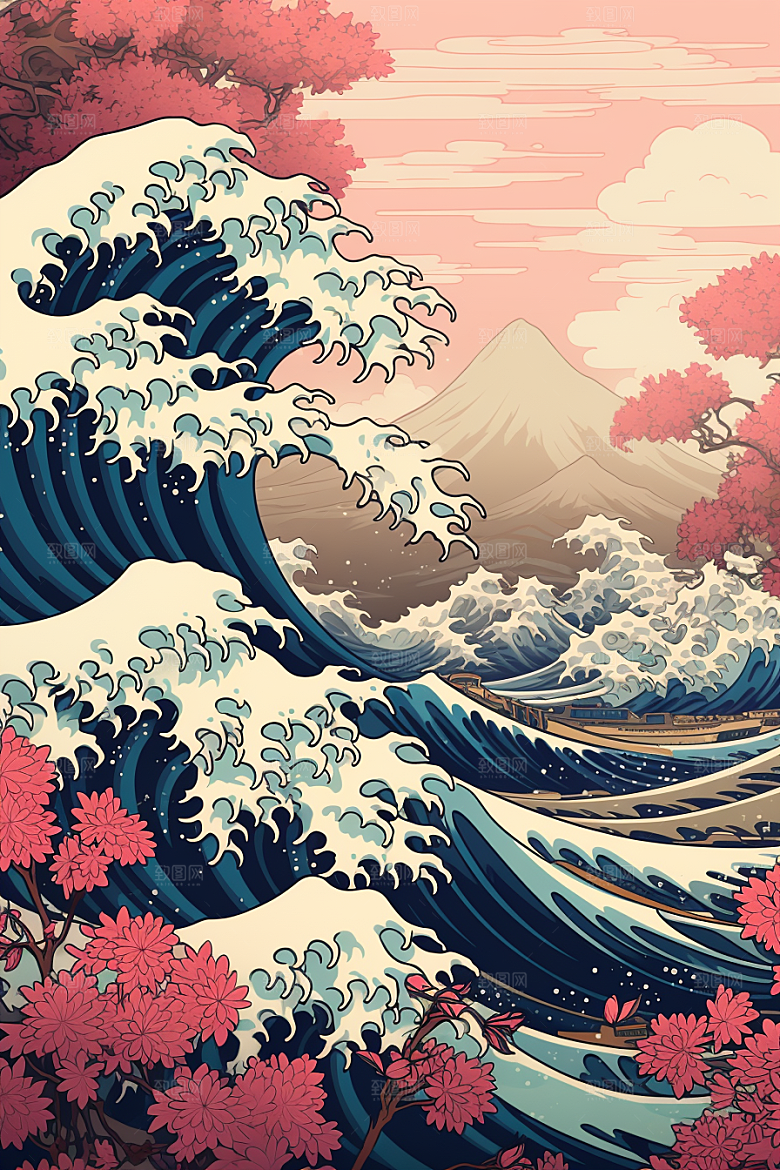 浪花浮世绘版画海报风插画