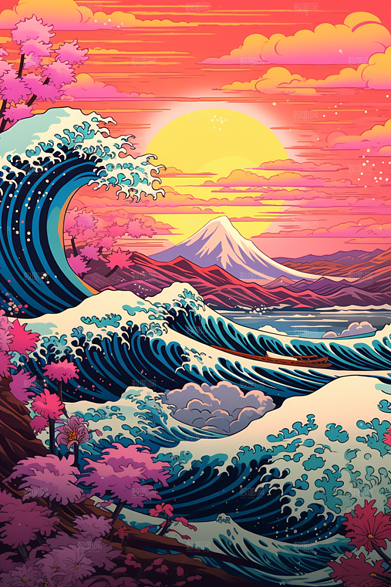 浪花浮世绘版画海报风插画
