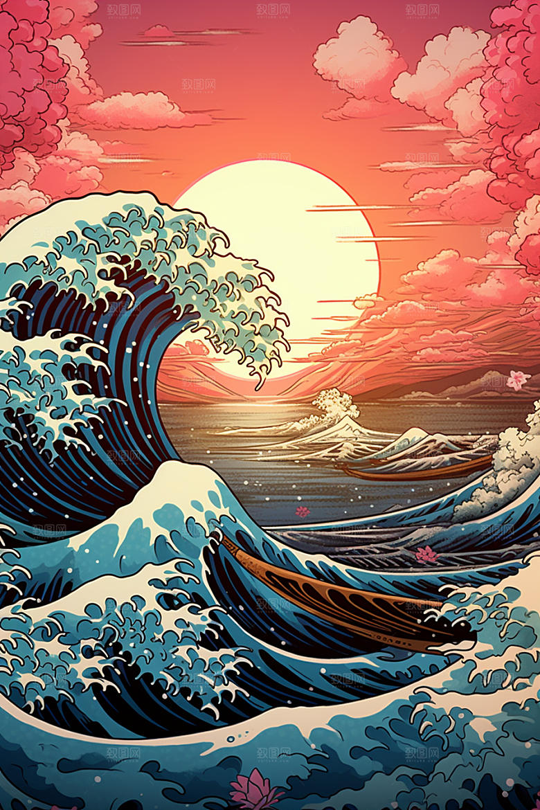 浪花浮世绘彩色杂志风插画