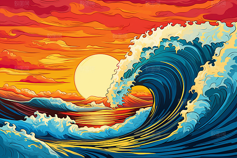 浪花浮世绘杂志风日本艺术风格插画