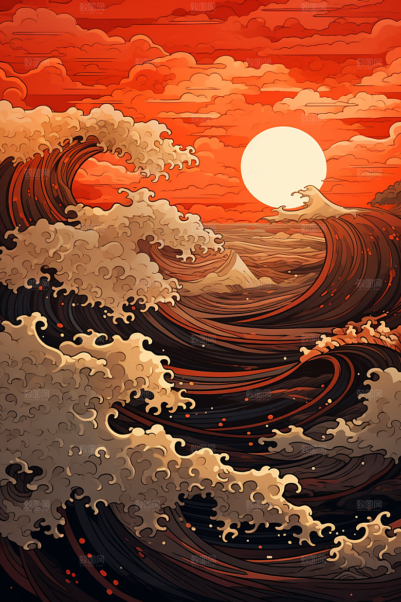 浪花浮世绘日本艺术风格彩色插画