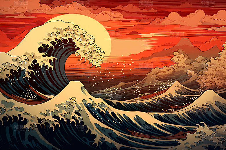 浪花浮世绘版画日本艺术风格插画