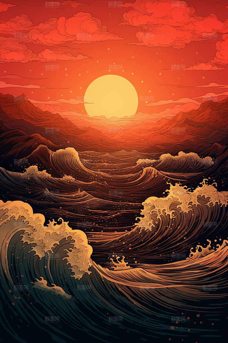 浪花浮世绘杂志风海报风插画
