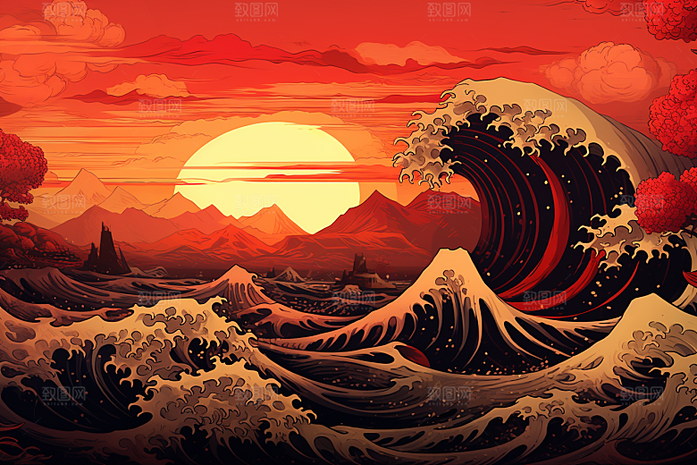 浪花浮世绘日本艺术风格高清插画