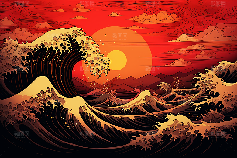 浪花浮世绘杂志风彩色插画