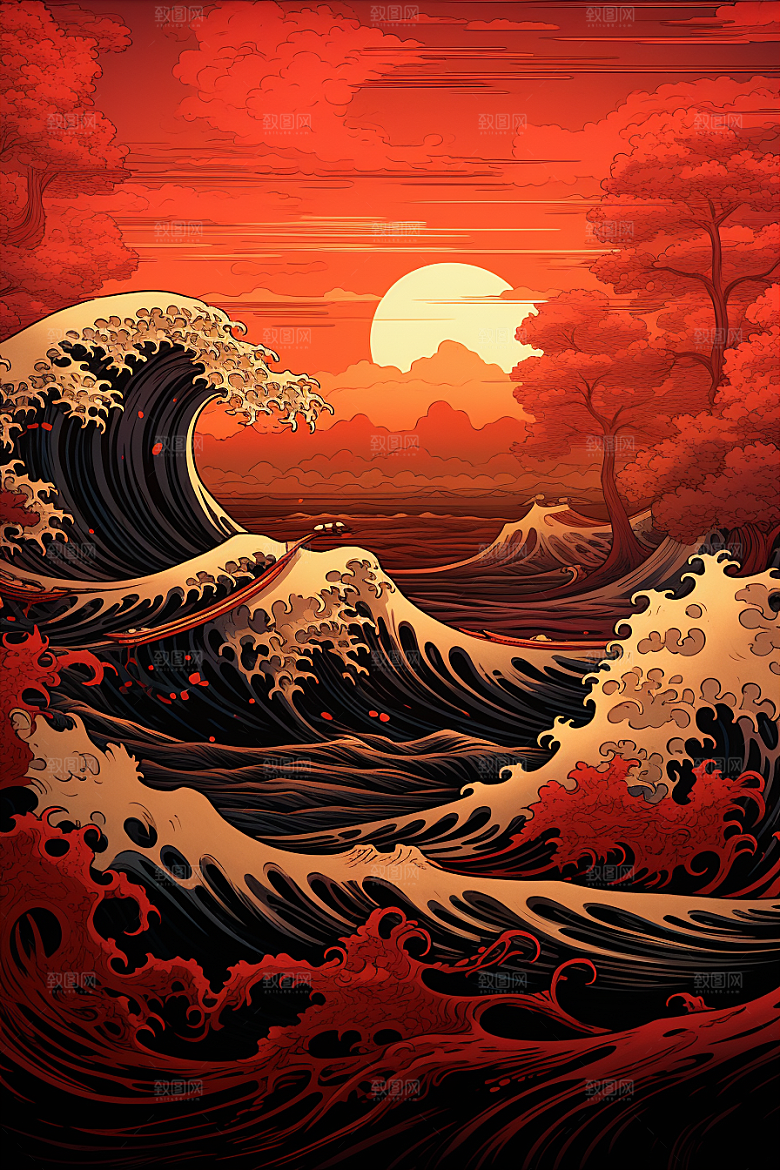 浪花浮世绘日本艺术风格高清插画
