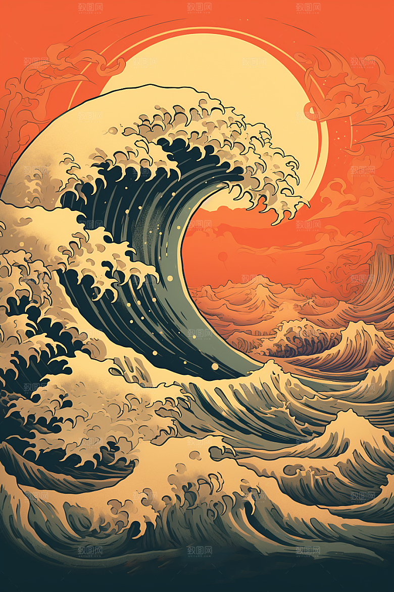 浪花浮世绘杂志风高清插画