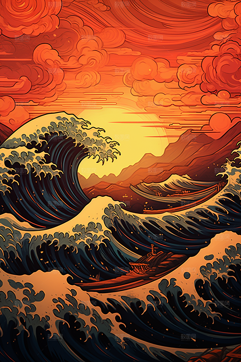 浪花浮世绘海报风日本艺术风格插画