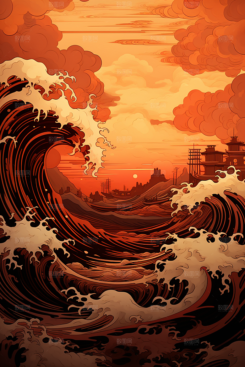 浪花浮世绘日本艺术风格彩色插画