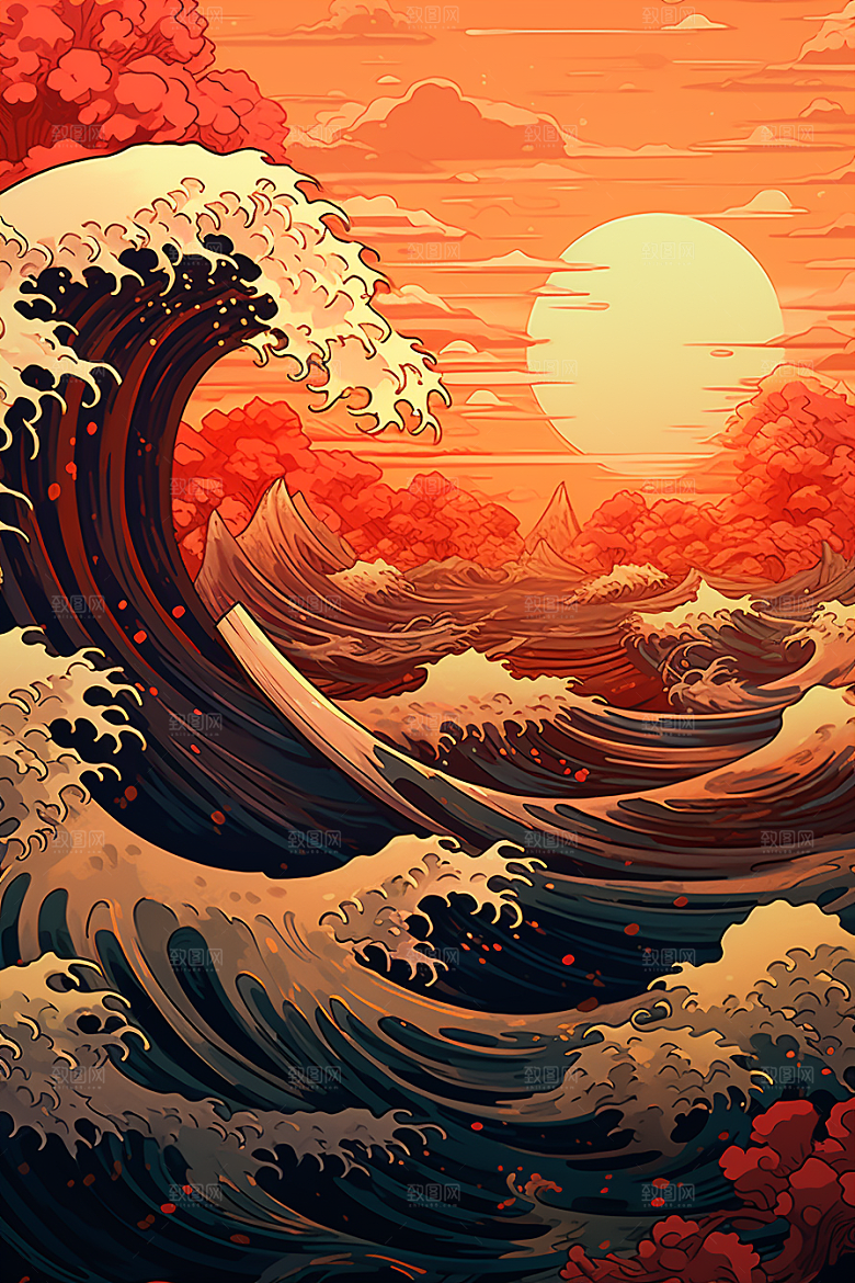 浪花浮世绘杂志风海报风插画