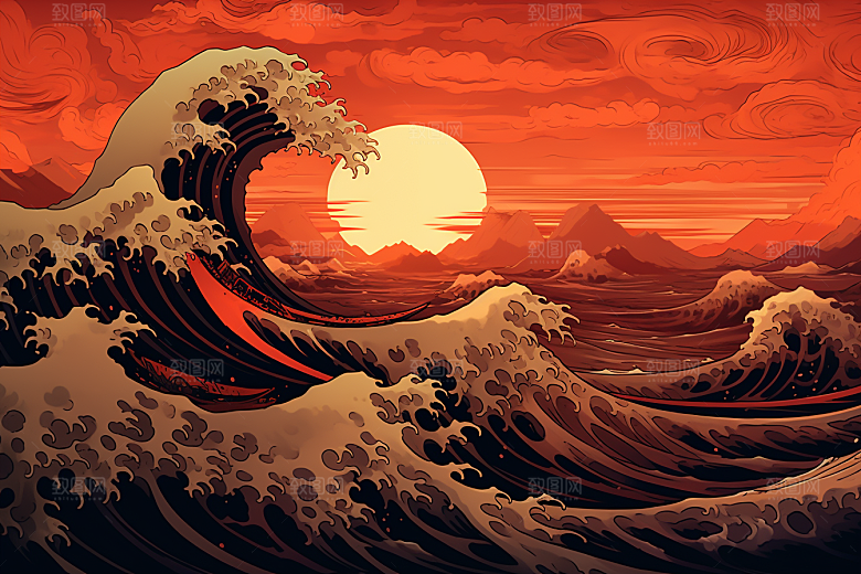 浪花浮世绘风俗画杂志风插画