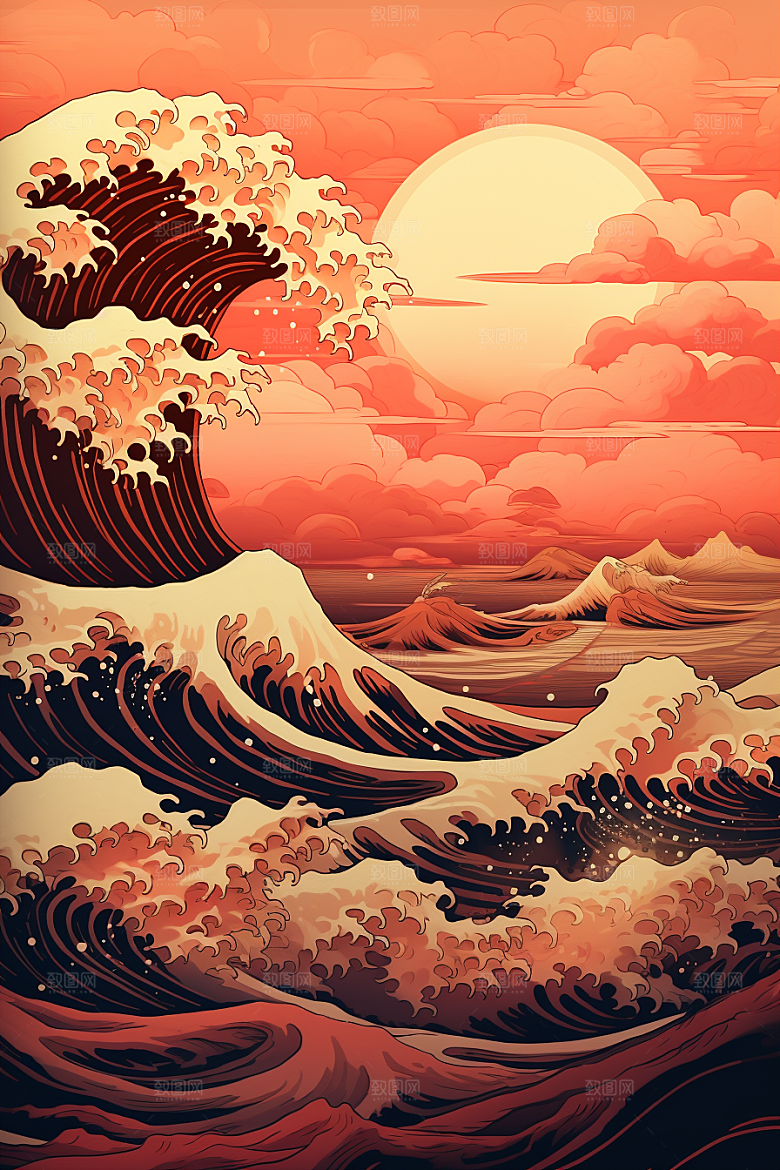 浪花浮世绘日本艺术风格杂志风插画