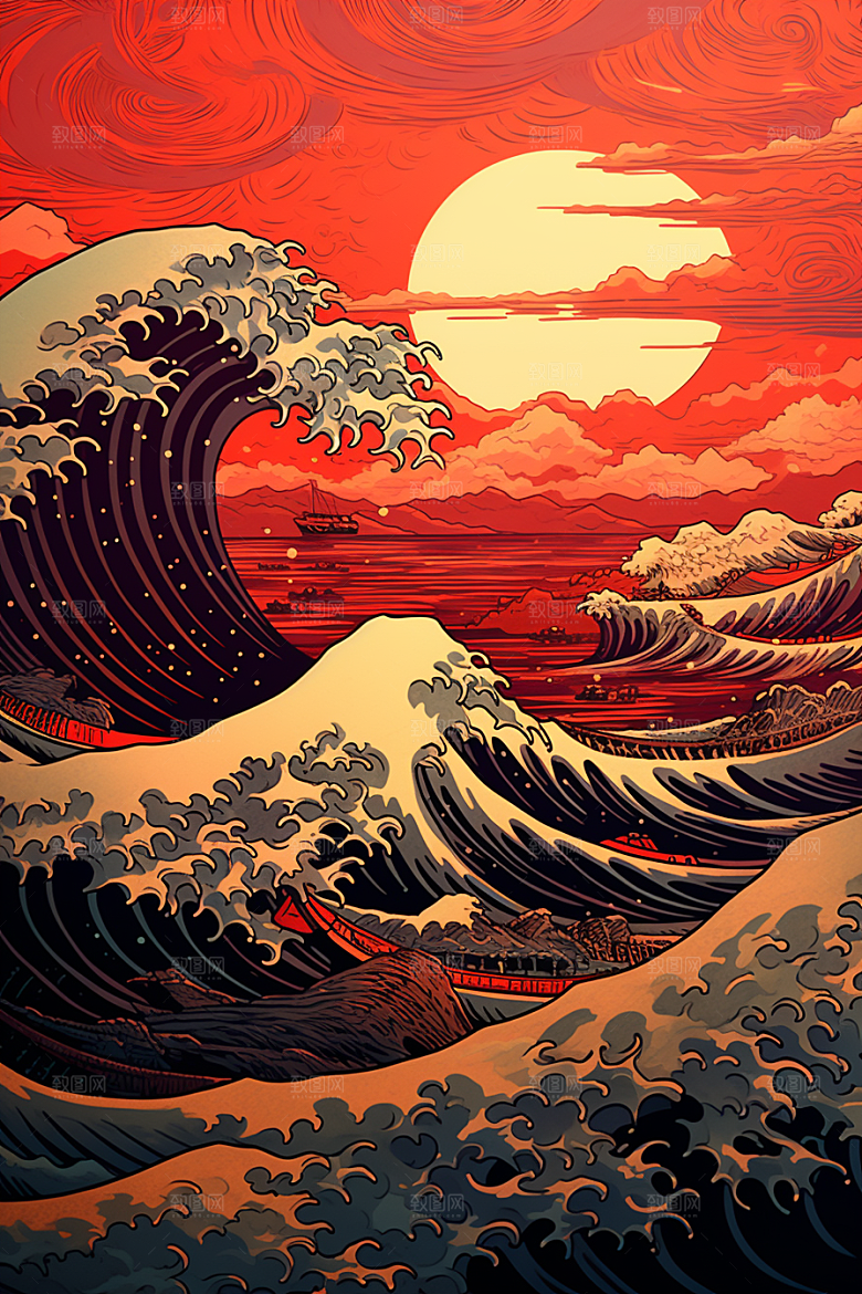 浪花浮世绘海报风高清插画