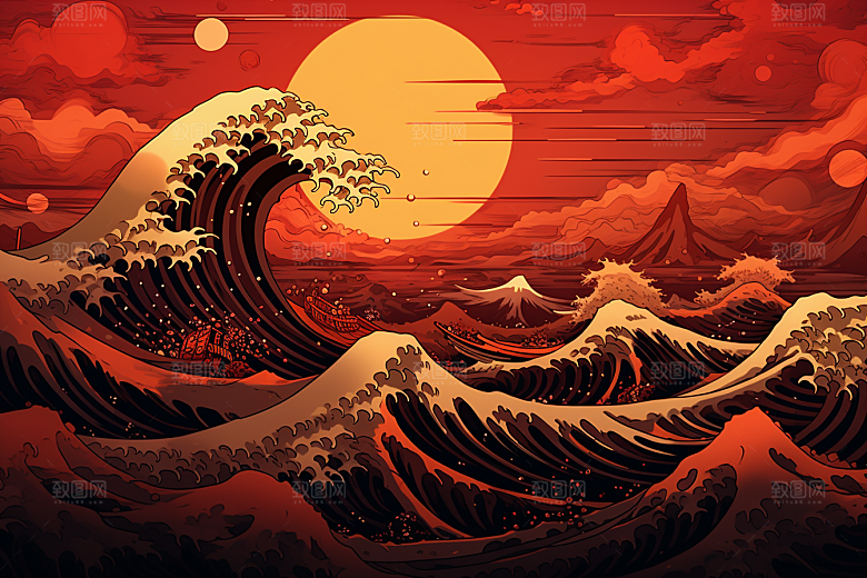 浪花浮世绘风俗画杂志风插画