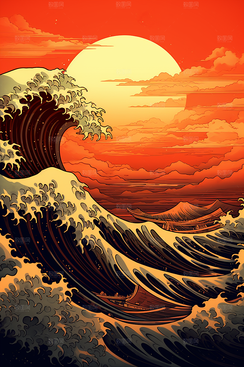 浪花浮世绘彩色海报风插画