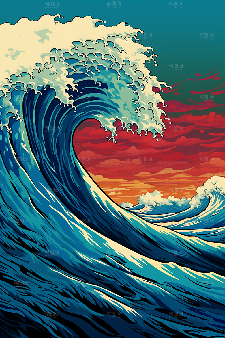 浪花浮世绘日本艺术风格版画插画