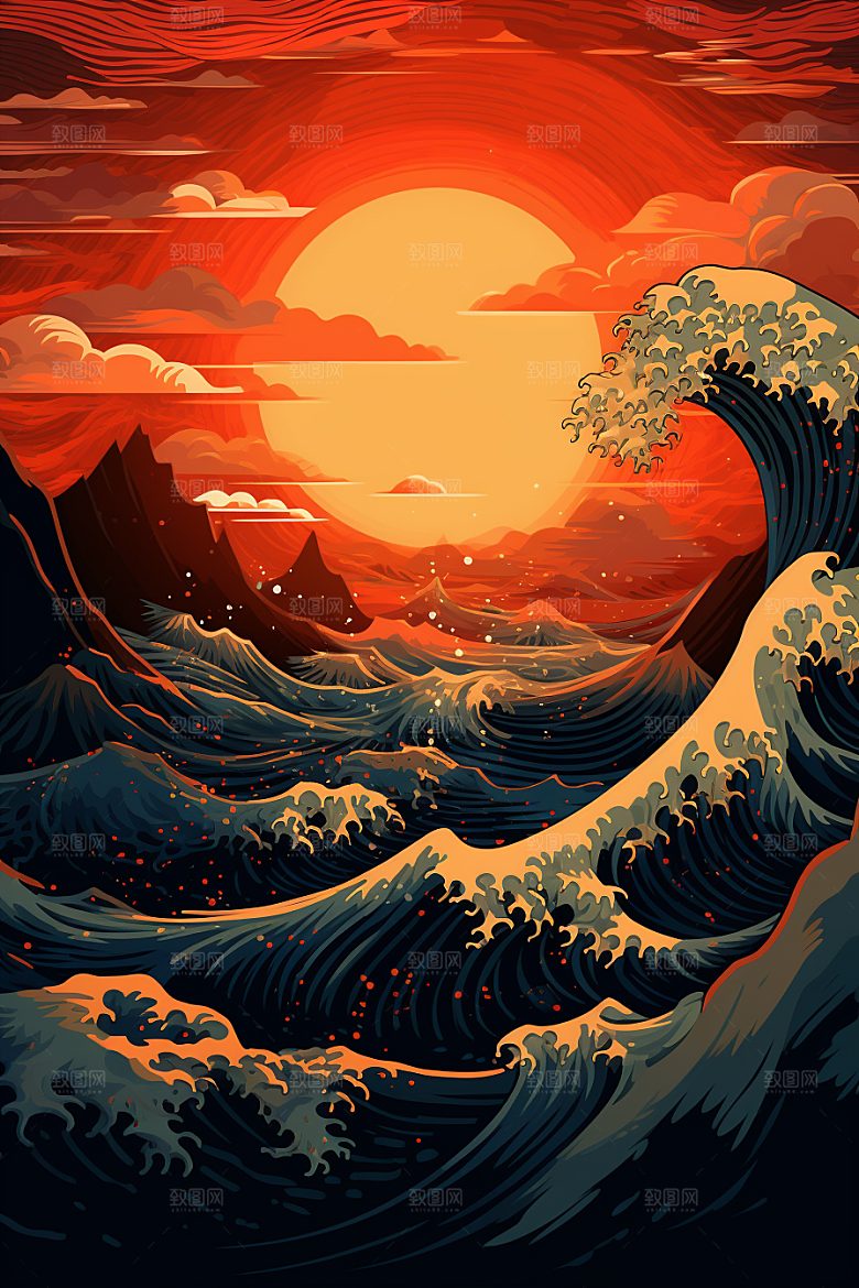 浪花浮世绘彩色版画插画