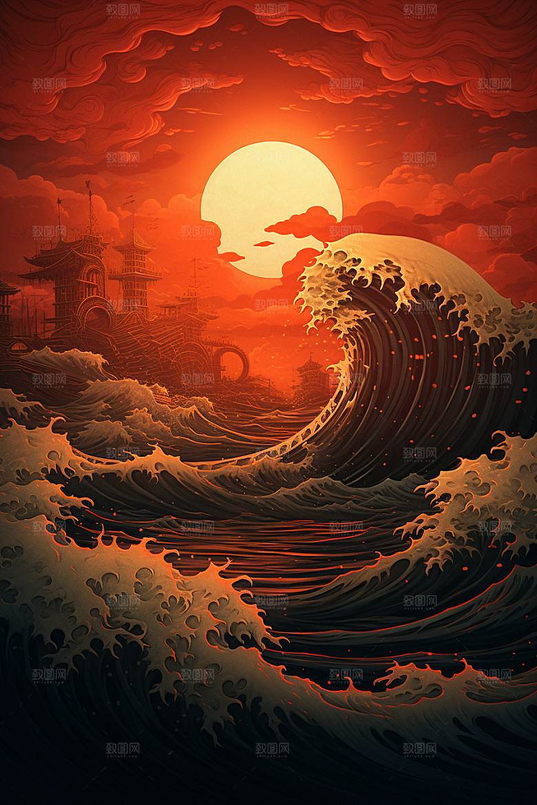 浪花浮世绘彩色版画插画