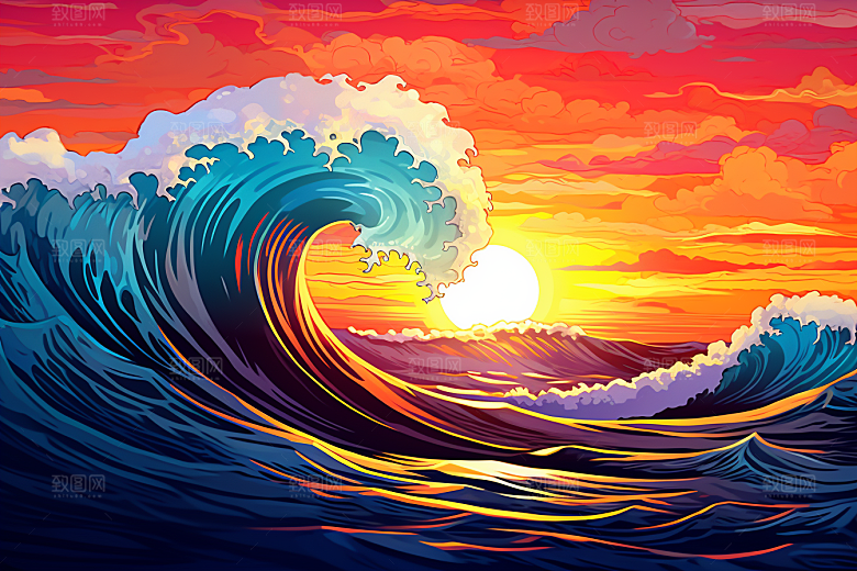 浪花浮世绘彩色高清插画