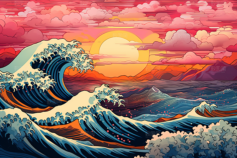 浪花浮世绘高清海报风插画