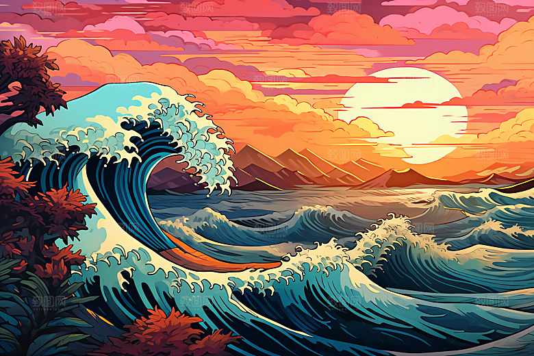 浪花浮世绘杂志风高清插画