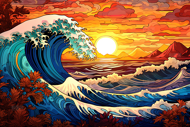 浪花浮世绘日本艺术风格杂志风插画