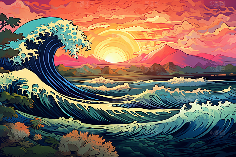 浪花浮世绘版画高清插画